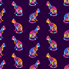 Seamless pattern with decorative ornate cute cat silhouettes. Texture for wallpapers, fabric, wrap, web page backgrounds, vector illustration