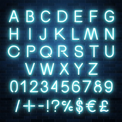 Neon vector alphabet, set of realistic fluorescent glowing letters, numbers and symbols