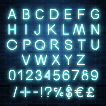 Neon vector alphabet, set of realistic fluorescent glowing letters, numbers and symbols