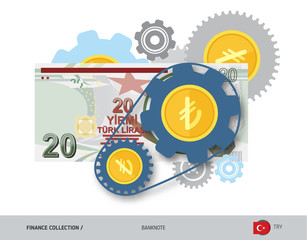 Financial mechanism with 20 Turkish Lira Banknote and coins. Flat style vector illustration. Finance concept.