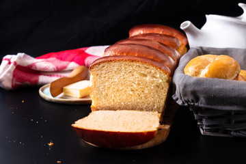 Food bakery concept Fresh baked homemade hokkaido Bread loaf with copy space.