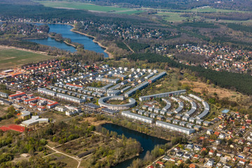 Aerial view over Falkensee, Berlin suburb, Germany.