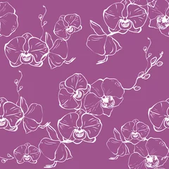 Fototapete Orchidee Vektor handgezeichnetes nahtloses Muster mit stilisiertem Orchideenzweig für Ihr Design auf hellem Hintergrund, Muster kann für Tapeten verwendet werden.