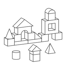Line style blocks toy tower for coloring book. Bricks childrens building construction, castle, house. Vector volume style illustration isolated on white background