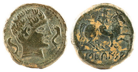 Ancient Iberian bronze coin minted in Bolscan. As.