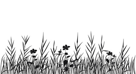 Silhouette flowers and grass, spring and summer forest and garden field flowers, black color isolated on white background Vector illustration of nature flowers and grass in the garden