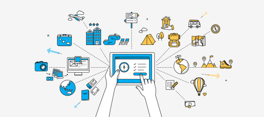 Travel infographics. Hands holding tablet, making decision about trip. Modern illustration in linear style.