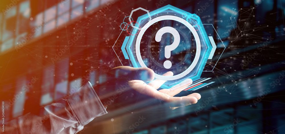 Poster man holding a technology question mark icon on a circle 3d rendering