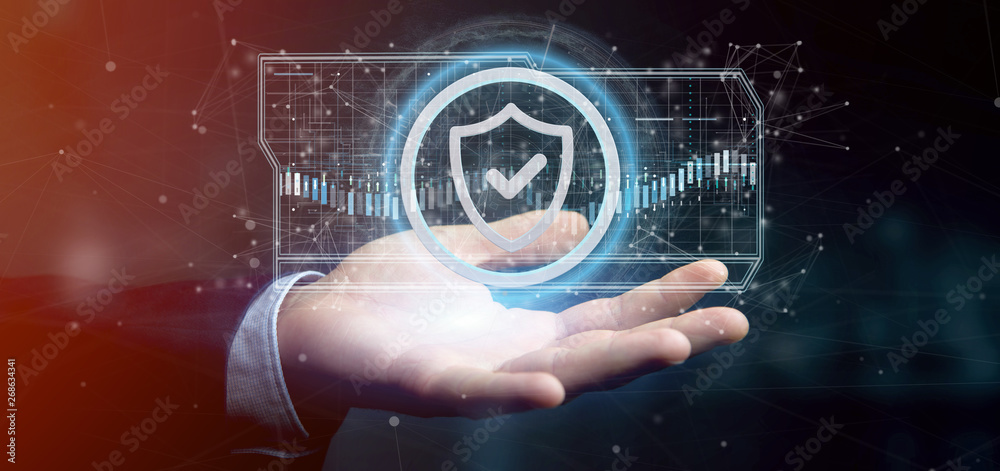 Poster man holding a shield web security concept 3d rendering