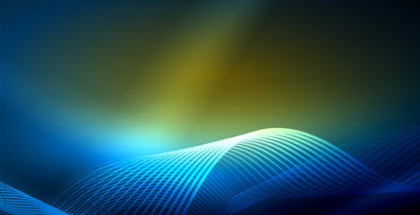 Glowing abstract wave on dark, shiny motion, magic space light. Vector techno abstract background