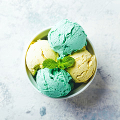 Ice cream with mint in ceramic bowl