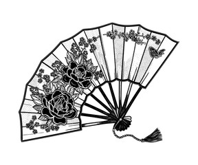 Oriental fan decorated with flowers peonies and butterflies.Vector illustration for your design, textiles, posters.