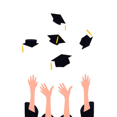 Graduates throwing graduation hats with tassel in the air. University ceremony concept.