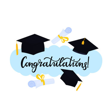 Academic mortarboard with Tassel. University Graduation Cap. Congratulations hand drawn lettering with hat and diploma tied with a ribbon. Congratulatory posters for the festive ceremony
