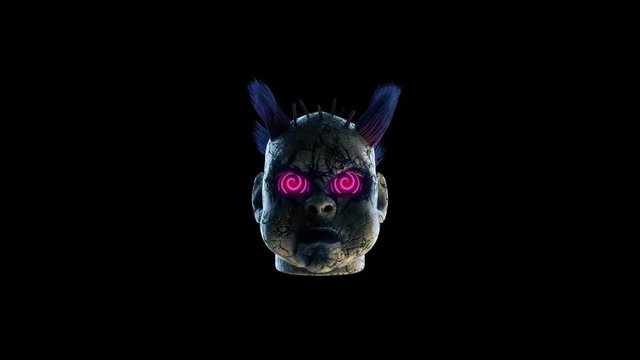 Abandoned Punk Doll Head VJ Loop - stock motion graphics video that features a scary abandoned punk doll head with hypno-eyes. You can use this 3840x2160 (4K) video clip in any project like horror VJ 