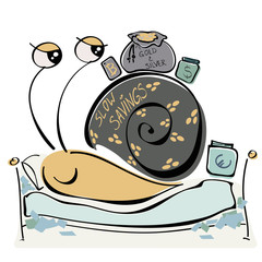 Satisfied with slow savings snail lying on the bed with money under the mattress and gold, silver, bitcoins, euro on his shell, Vector illustration