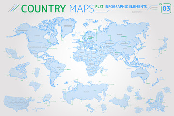 Fototapeta na wymiar America, Asia, Africa, Europe, Australia, Mexico, Japan, Canada, USA, Russia, China Vector Maps