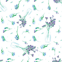 Watercolor hand drawn lavender flower seamless pattern with petals and flowers in vase or small bottle on white background