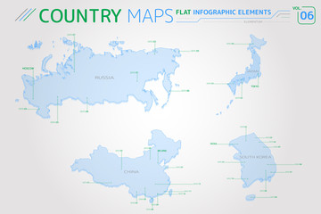 Obraz premium Russia, China, Japan and South Korea Vector Maps