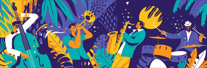 Poster Jazz kwartet. Muzikanten die muziek uitvoeren op abstracte bloemenachtergrond. © radoma