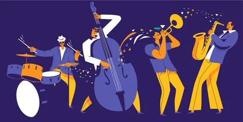Fototapeten Jazz-Quartett. Musiker mit abstrakter Musikwelle auf dunkelblauem Hintergrund. © radoma