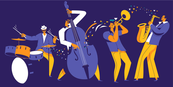 Jazz quartet. Musicians with abstract music wave on dark blue background.