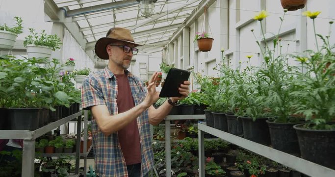 Male gardener taking photos in greenhouse