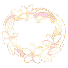 Round wreath of outline Plumeria or Frangipani flower bunch, bud and ornate gold and pink leaf isolated on white background.