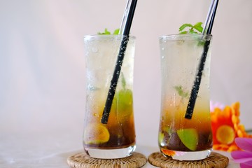 Summer drinks mojito cocktail on white table