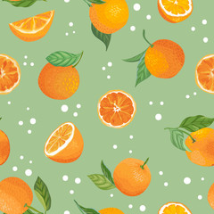 Seamless Orange pattern with tropic fruits, leaves, flowers background. Hand drawn vector illustration in watercolor style for summer cover, citrus tropical wallpaper, vintage texture