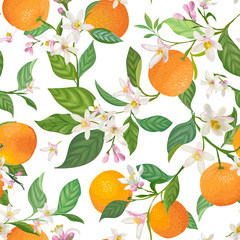 Naklejki  Seamless Orange pattern with tropic fruits, leaves, flowers background. Hand drawn vector illustration in watercolor style for summer cover, citrus tropical wallpaper, vintage texture