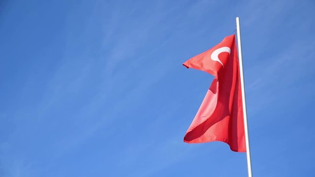 Turkish flag, Flag or Turkey waving on the wind on the pole with blue sky background