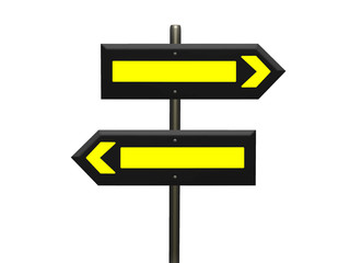 Blank 3d rendered signs with bright yellow interior shapes on a sign post against a white background