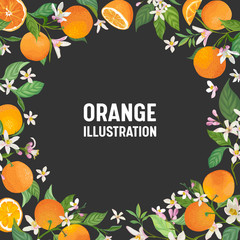 Botanical wedding invitation card, vintage Save the Date, template frame design of orange, citrus fruit, flowers and leaves, blossom illustration. Vector trendy cover, graphic poster, brochure