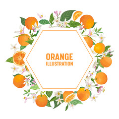 Botanical wedding invitation card, vintage Save the Date, template frame design of orange, citrus fruit, flowers and leaves, blossom illustration. Vector trendy cover, graphic poster, brochure