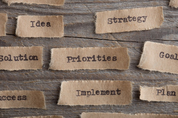 Priorities - word on a piece of paper close up, business creative motivation concept