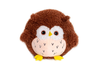 Owl doll brown fur, isolated on white background.
