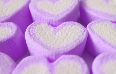Obraz na płótnie Canvas Closeup Row of Pastel Purple and White Heart Shaped Marshmallow Candies