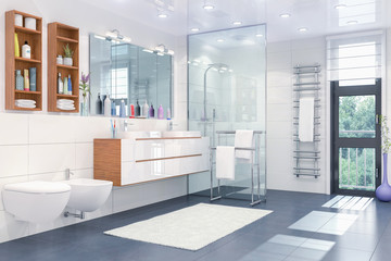 Naklejka na ściany i meble 3d Illustration - Modernes Badezimmer in weiß mit Dusche, WC, Bidet, zwei Waschbecken und einem großen Spiegel