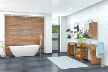 Naklejka na ściany i meble 3d Illustration - Modernes Badezimmer in weiß mit einer freistehenden Badewanne, zwei Waschbecken und einem großen Spiegel