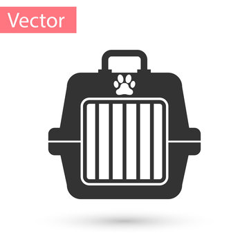 Grey Pet Carry Case Icon Isolated On White Background. Carrier For Animals, Dog And Cat. Container For Animals. Animal Transport Box. Vector Illustration