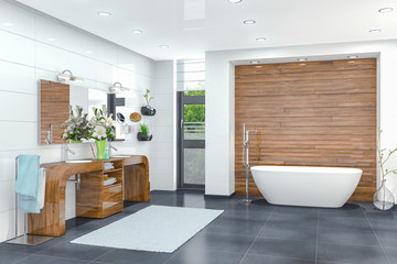 3d Illustration - Modernes Badezimmer in weiß mit einer freistehenden Badewanne, zwei Waschbecken und einem großen Spiegel