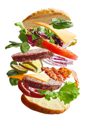 Hamburger with flying ingredients