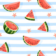 Modern seamless tropical pattern with watermelon and flower. Summer vibes. Texture for textile, postcard, wrapping paper, packaging etc. Vector illustration on striped blue background.