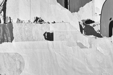 Blank black white creased crumpled paper texture background old grunge ripped torn vintage collage...