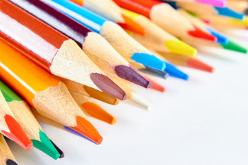 Fototapeta premium Colored sharpener pencils. Macro shot of many color pencils