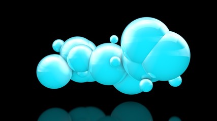 3D illustration of many beautiful blue balls in space on a black background. The idea of beauty and harmony, snow clouds and snowdrifts. 3D rendering, isolated.