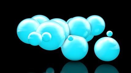 3D illustration of many beautiful blue balls in space on a black background. The idea of beauty and harmony, snow clouds and snowdrifts. 3D rendering, isolated.
