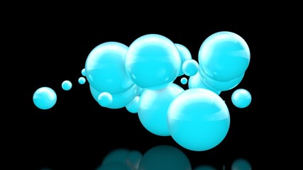 3D illustration of many beautiful blue balls in space on a black background. The idea of beauty and harmony, snow clouds and snowdrifts. 3D rendering, isolated.