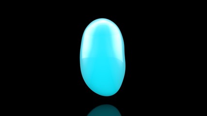 3D illustration of an elongated drop of blue liquid. 3D rendering, on a black background, isolated.